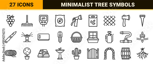 Professional Horticulture and Forestry Monoline Icon Set featuring Ultra-Minimalist Geometric Line Art for Landscape Design and Botany Apps