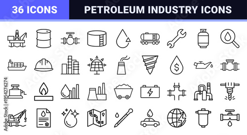 Oil and Gas Industry Ultra-Minimalist Monoline Icons for Energy Engineering and Petrochemical Infrastructure Design Projects