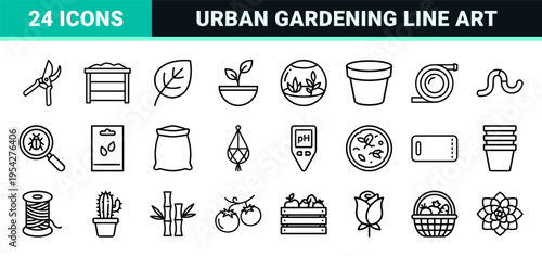 Sustainable Botany and Urban Gardening Minimalist Monoline Icon Set featuring Geometric Seedling and Horticulture Symbols for Eco Design