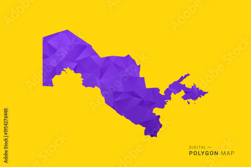 Uzbekistan Map - Low poly polygon map in vibrant purple gradient on bold yellow background, modern minimal geometric style, clean digital vector illustration.