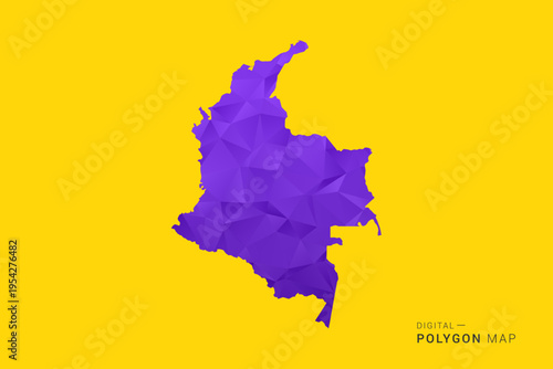 Colombia Map - Low poly polygon map in vibrant purple gradient on bold yellow background, modern minimal geometric style, clean digital vector illustration.