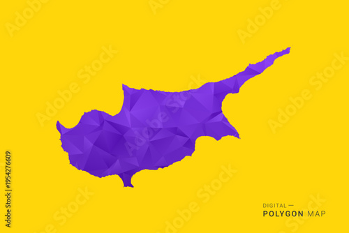 Cyprus Map - Low poly polygon map in vibrant purple gradient on bold yellow background, modern minimal geometric style, clean digital vector illustration.