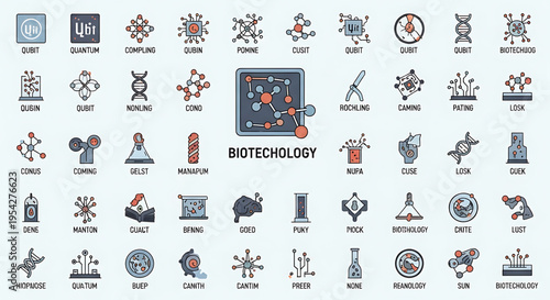 A collection of biotechnology icons and symbols in a flat, minimal design style, representing various concepts and processes in the field of biotechnology.