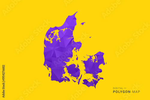 Denmark Map - Low poly polygon map in vibrant purple gradient on bold yellow background, modern minimal geometric style, clean digital vector illustration.