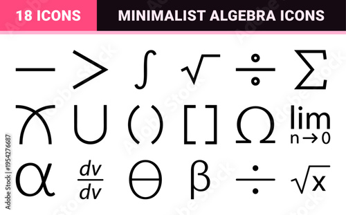 Mathematical Algebra and Geometry Line Art Symbols, Ultra-Minimalist Monoline Education Graphics for Academic Research and Digital Learning Apps.