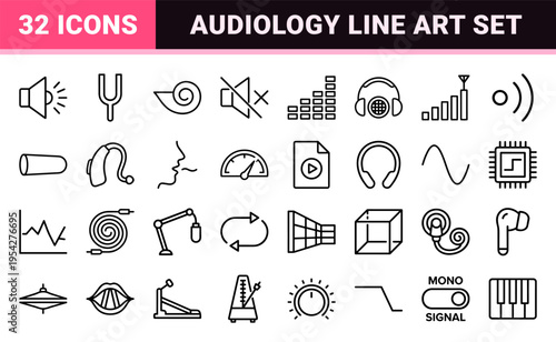 Audiology and Sound Perception Ultra-Minimalist Monoline Icons for Hearing Health Professionals and Acoustic Engineering Applications