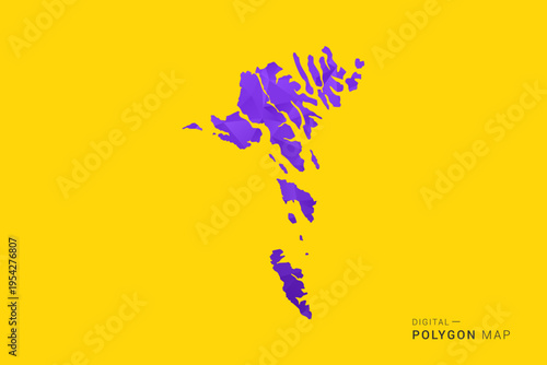 Faroe Islands Map - Low poly polygon map in vibrant purple gradient on bold yellow background, modern minimal geometric style, clean digital vector illustration.