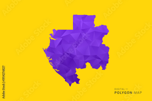 Gabon Map - Low poly polygon map in vibrant purple gradient on bold yellow background, modern minimal geometric style, clean digital vector illustration.