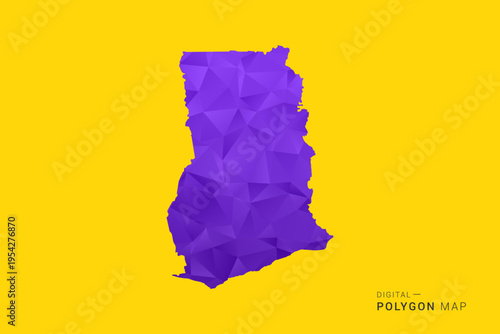 Ghana Map - Low poly polygon map in vibrant purple gradient on bold yellow background, modern minimal geometric style, clean digital vector illustration.