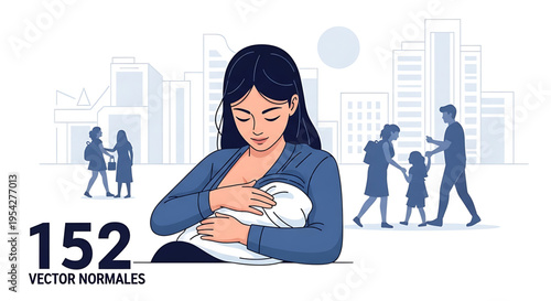 A mother breastfeeding her baby in a city setting with a subtle urban background
