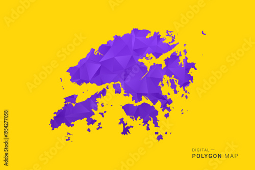 Hong Kong Map - Low poly polygon map in vibrant purple gradient on bold yellow background, modern minimal geometric style, clean digital vector illustration.