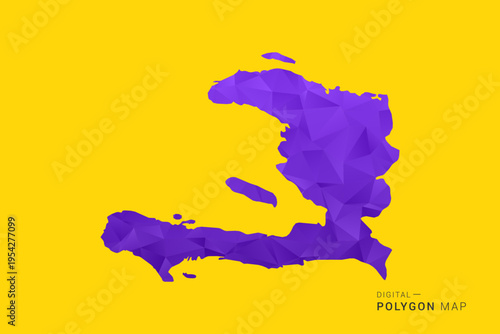 Haiti Map - Low poly polygon map in vibrant purple gradient on bold yellow background, modern minimal geometric style, clean digital vector illustration.