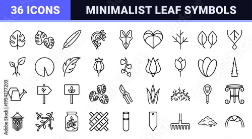Monstera Deliciosa and Tropical Foliage Ultra-Minimalist Monoline Icons, Geometric Botanical Line Art Symbols for Commercial Brand Identity