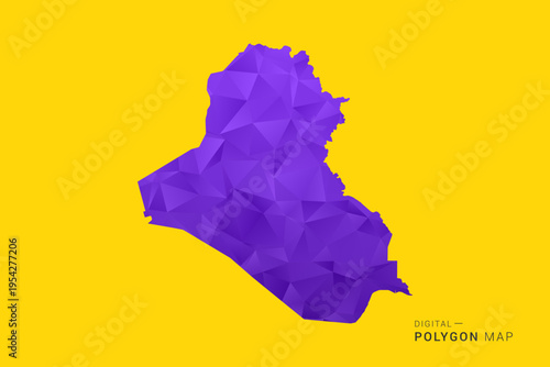 Iraq Map - Low poly polygon map in vibrant purple gradient on bold yellow background, modern minimal geometric style, clean digital vector illustration.
