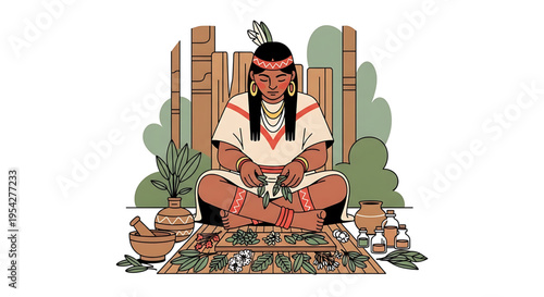 A Native American man in traditional clothing sitting cross-legged on a colorful rug, surrounded by herbal remedies and plants in a serene outdoor setting.
