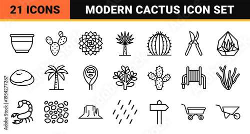 Desert Botany Geometric Line Art Set featuring Arid Plants and Xeric Garden Symbols in Ultra-minimalist Monoline Aesthetic for Modern Design.