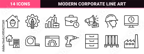 Corporate Workspace and Industrial Labor Linear Icons. Ultra-minimalist monoline geometric line art for professional productivity and management.