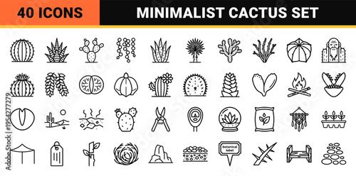 Desert Botany and Succulent Gardening Ultra-Minimalist Monoline Line Art Icons for Professional Landscape Design and Horticulture Branding