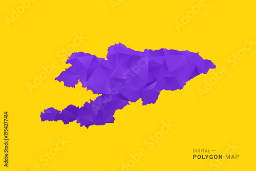 Kyrgyzstan Map - Low poly polygon map in vibrant purple gradient on bold yellow background, modern minimal geometric style, clean digital vector illustration.