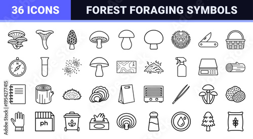 Professional Mycology and Forest Foraging Outline Icons Featuring Minimalist Mushroom Species and Biological Laboratory Equipment Symbols