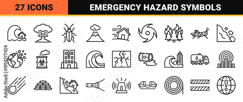 Natural Disasters and Emergency Catastrophe Ultra-Minimalist Monoline Icons for Environmental Risk Assessment and Climate Change Visualization