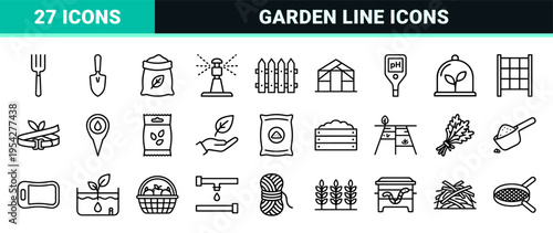 Sustainable Gardening and Horticulture Growth Outline Symbols Set featuring Minimalist Monoline Eco-Friendly Agriculture Plant Care Graphics
