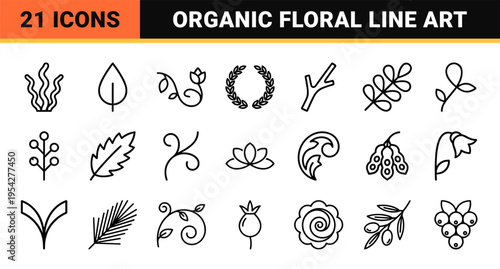 Minimalist Organic Botanical Line Art Symbols for Elegant Branding and Floral Pattern Design featuring High-Clarity Monoline Leaf Flourishes.