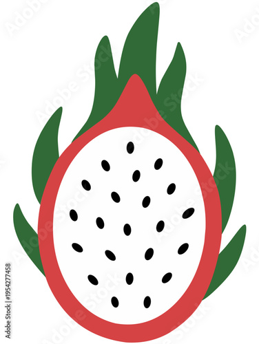 Flat cartoon halved dragon fruit pitaya with seeds, exotic tropical food icon vector illustration