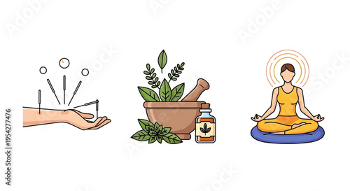A serene illustration of holistic wellness concepts including hand with aura, herbal medicine, and a meditating woman in a yoga pose.