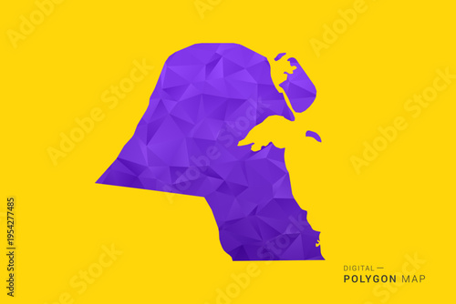 Kuwait Map - Low poly polygon map in vibrant purple gradient on bold yellow background, modern minimal geometric style, clean digital vector illustration.