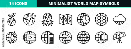 Global Connectivity and Earth Science Icons Featuring Ultra-Minimalist Monoline Geometric Outlines for Web Interface and Logistic Design Systems
