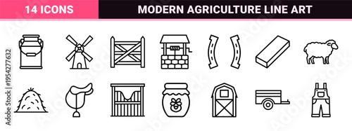 Agriculture and Countryside Lifestyle Icon Set Featuring Ultra-Minimalist Geometric Outlines for Professional Ranching and Farming Design.