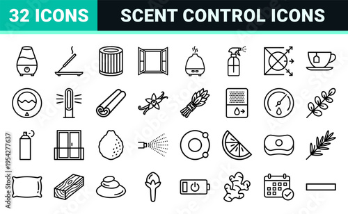 Professional Air Quality and Home Fragrance Minimalist Outline Icon Set Featuring Diffuser Purifier Candle and Ventilation Symbols