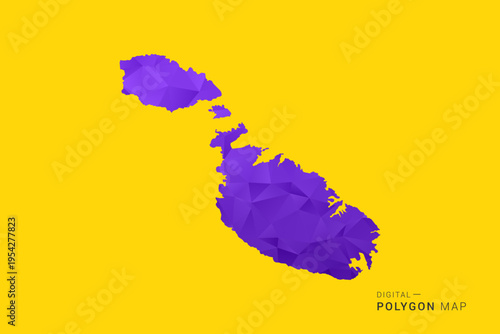 Malta Map - Low poly polygon map in vibrant purple gradient on bold yellow background, modern minimal geometric style, clean digital vector illustration.