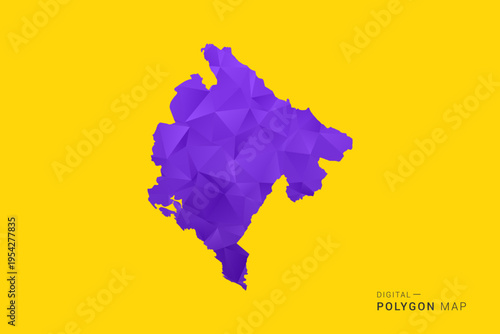 Montenegro Map - Low poly polygon map in vibrant purple gradient on bold yellow background, modern minimal geometric style, clean digital vector illustration.