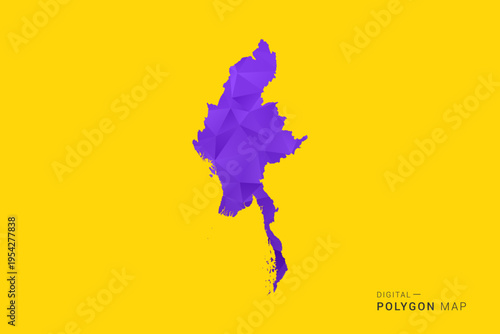 Myanmar Map - Low poly polygon map in vibrant purple gradient on bold yellow background, modern minimal geometric style, clean digital vector illustration.