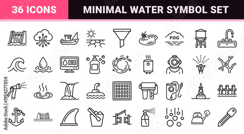 Hydration and Water Resources Outline Icon Set Featuring Ultra-Minimalist Monoline Symbols for Ecology, Plumbing, and Utility Management.