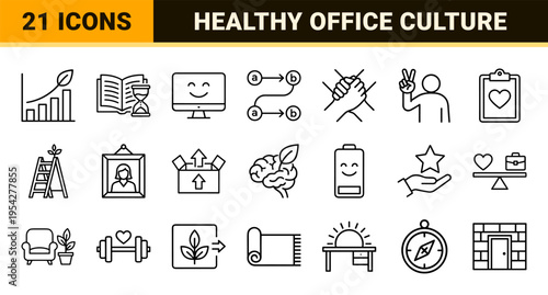 Healthy Work Environment Monoline Icon Set featuring Wellness, Psychological Safety, and Employee Support in Ultra-Minimalist Geometric Style.