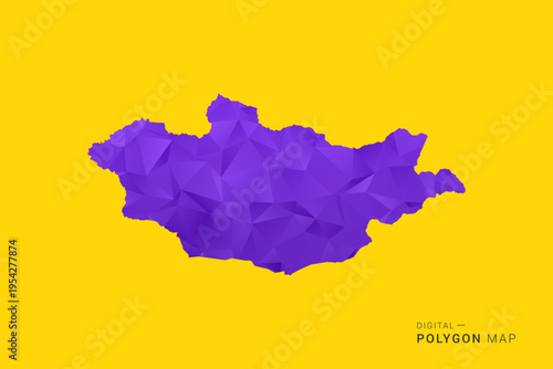 Mongolia Map - Low poly polygon map in vibrant purple gradient on bold yellow background, modern minimal geometric style, clean digital vector illustration.