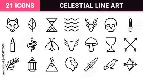 Mystical Celestial Alchemy and Esoteric Nature Symbols in Ultra-Minimalist Geometric Monoline Style for High-End Commercial Interface Design