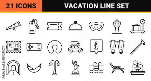 Travel and Vacation Ultra-Minimalist Monoline Icon Set featuring Geometric Line Art Symbols for Tourism, Hospitality, and Navigation Utility.