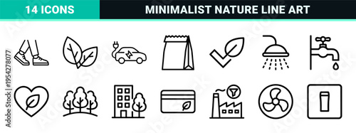 Sustainability and Nature Conservation Ultra-Minimalist Monoline Icon Set for Eco-Friendly Branding and Green Database Indexing Projects