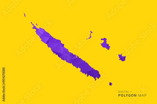 New Caledonia Map - Low poly polygon map in vibrant purple gradient on bold yellow background, modern minimal geometric style, clean digital vector illustration.