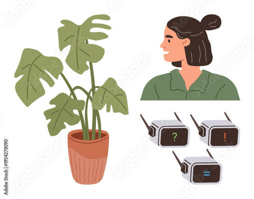 Communication, sustainability, nature, smart technology, human connection, eco-friendly design. Woman in profile with a monstera plant and abstract communication devices. Communication