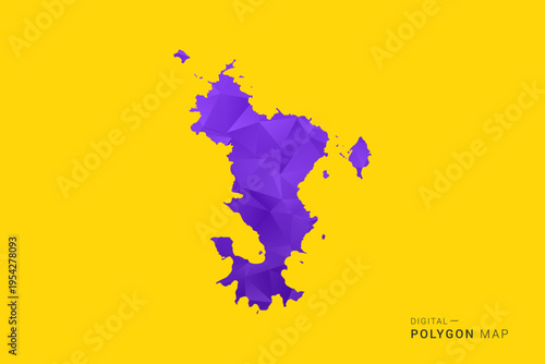 Mayotte Map - Low poly polygon map in vibrant purple gradient on bold yellow background, modern minimal geometric style, clean digital vector illustration.
