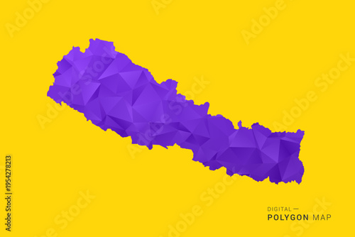 Nepal Map - Low poly polygon map in vibrant purple gradient on bold yellow background, modern minimal geometric style, clean digital vector illustration.