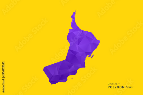 Oman Map - Low poly polygon map in vibrant purple gradient on bold yellow background, modern minimal geometric style, clean digital vector illustration.