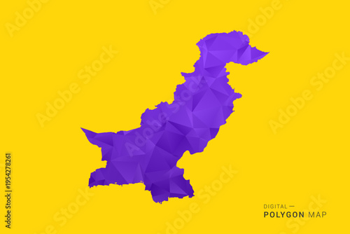 Pakistan Map - Low poly polygon map in vibrant purple gradient on bold yellow background, modern minimal geometric style, clean digital vector illustration.