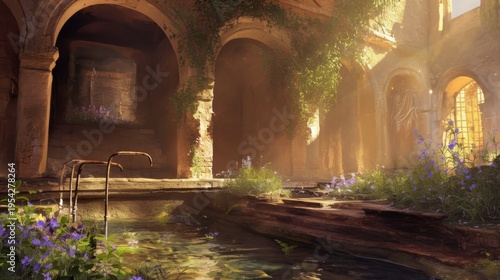 Serene Overgrown Ruins with Sunlight and Delicate Wildflowers