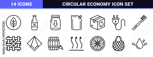 Sustainable Packaging and Eco Friendly Manufacturing Icon Set, Ultra Minimalist Monoline Geometric Symbols for Circular Economy Design